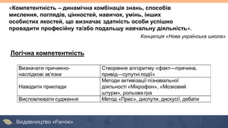 «Компетентність – динамічна комбінація знань, способів
мислення, поглядів, цінностей, навичок, умінь, інших
особистих якостей, що визначає здатність особи успішно
провадити професійну та/або подальшу навчальну діяльність».
Концепція «Нова українська школа»
Логічна компетентність
 