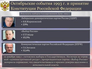 12 декабря 1993 г. состоялись выборы в Государственную. Несмотря на огром-
ный «административный ресурс», пропрезидентская партия «Выбор России»
потерпела поражение, что свидетельствовало о кризисе доверия населения к
исполнительной власти.
Октябрьские события 1993 г. и принятие
Конституции Российской Федерации
Либерально-демократическая партия России (ЛДПР)
• В.В.Жириновский
• 23%
«Выбор России»
• Е.Т.Гайдар
• 15,5%
Коммунистическая партия Российской Федерации (КПРФ)
• Г.А.Зюганов
• 12,4%
Результаты выборов Государственную Думу. 1993 г.
 