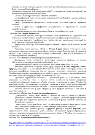 24
http://20zoshmk.at.ua/load/dlja_vchiteliv/programi_ta_metodichni_rekomendaciji/metodichni_rekomend
aciji_pro_vikladannja_navchalnikh_predmetiv_v_osnovnij_ta_starshij_shkolakh_201702018/22-1-0-156
природі; значення природоохоронних територій для збереження унікальних ландшафтів
Землі; значення Червоної книги;
формування знань про небезпечні природні об’єкти та явища в різних частинах світу та
дотримання правила безпечної поведінки;
Змістова лінія «Громадянська відповідальність»:
аналіз інформації щодо світових явищ і процесів, зв’язків України з іншими країнами
із широкого кола джерел;
уміння формулювати обґрунтовану думку щодо суспільних проблем, критично
мислити;
роботу в групі над географічними дослідженнями та проектами на засадах
співробітництва;
толерантне ставлення до культурних надбань та традицій народів світу.
Змістова лінія «Здоров’я і безпека»:
усвідомлення значення санітарно-гігієнічних умов проживання та харчування для
збереження життя і здоров’я людей (зокрема на прикладі країн, що розвиваються);
розуміння важливості профілактичних заходів під час закордонних подорожей до
країн з високою ймовірністю епідемій;
формування знань про небезпечні природні об’єкти та явища та їх вплив на життя
людини.
Наприклад, після вивчення «Теми 1. Форма і рухи Землі» учні мають вміти
оцінювати і характеризувати наслідки добового і річного рухів Землі на життя й діяльність
людини та на основі цих умінь змоделювати оптимальний режим життя відповідно до
добових та річних циклів (ритмів).
Змістова лінія «Підприємливість та фінансова грамотність»:
формування умінь розв’язувати елементарні економічні проблеми та уміння
об’єднуватись для досягнення і реалізації спільної мети;
командний стиль роботи під час виконання навчальних проектів і досліджень.
Важливим принципом побудови змісту курсу географії у 8 класі «Україна у світі:
природа, населення» – є краєзнавчий. Особливістю даного курсу є інтеграція фізико- та
суспільно-географічних складників під час вивчення природних комплексів, населення
України та свого регіону з урахуванням уже здобутих знань про природу материків і океанів,
населення країн світу з курсу географії, що вивчався в 7 класі.
Програмою передбачено виконання 11 практичних робіт та 8 досліджень. Вони
спрямовані на розвиток умінь та навичок роботи з картами та іншими джерелами
географічної інформації; виявлення зв’язків природи і суспільства в межах України, їх
взаємного впливу, що сприятиме подальшому розвитку в учнів навчально-пізнавальної
компетенції і формуванню ціннісно-смислової та соціально-професійної компетентності.
Наскрізні змістові лінії у курсі «Україна у світі: природа, населення» для учнів 8
класу орієнтовані на:
змістова лінія «Екологічна безпека та сталий розвиток»:
усвідомлення впливу життєдіяльності людини на природі комплекси України;
дотримання правил поведінки людини в природі; значення природоохоронних
територій для збереження унікальних ландшафтів України; значення Червоної та
Зеленої книг України;
формування стилю поведінки у зонах екстремальних природних явищ, екологічного
лиха, техногенного забруднення, а також на природоохоронних територіях.
Наприклад, при вивченні розділу «Природні умови і ресурси України» учні
обґрунтовують зміни природних умов внаслідок інтенсивного природокористування,
оцінюють наслідки використання людиною природних багатств України та розуміють і
пропонують шляхи їх розв’язування;
змістова лінія «Громадянська відповідальність»:
 