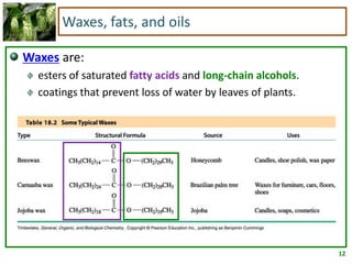 12
Waxes, fats, and oils
Waxes are:
esters of saturated fatty acids and long-chain alcohols.
coatings that prevent loss of water by leaves of plants.
 