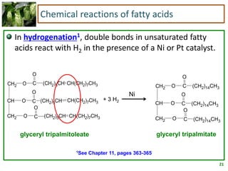 21
Chemical reactions of fatty acids
In hydrogenation1, double bonds in unsaturated fatty
acids react with H2 in the presence of a Ni or Pt catalyst.
CH(CH2)7CH3(CH2)5CH
O
C
CH(CH2)7CH3(CH2)5CH
O
C
CH(CH2)7CH3(CH2)5CH
O
C
O
O
OCH2
CH2
CH
O
(CH2)14CH3C
O
(CH2)14CH3C
O
(CH2)14CH3C
O
O
OCH2
CH2
CH
+ 3 H2
Ni
glyceryl tripalmitoleate glyceryl tripalmitate
1See Chapter 11, pages 363-365
 