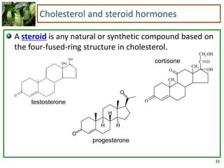 31
Cholesterol and steroid hormones
A steroid is any natural or synthetic compound based on
the four-fused-ring structure in cholesterol.
testosterone
cortisone
progesterone
 