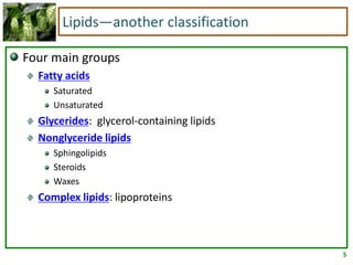 5
Lipids—another classification
Four main groups
Fatty acids
Saturated
Unsaturated
Glycerides: glycerol-containing lipids
Nonglyceride lipids
Sphingolipids
Steroids
Waxes
Complex lipids: lipoproteins
 