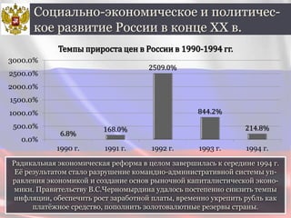 Радикальная экономическая реформа в целом завершилась к середине 1994 г.
Её результатом стало разрушение командно-административной системы уп-
равления экономикой и создание основ рыночной капиталистической эконо-
мики. Правительству В.С.Черномырдина удалось постепенно снизить темпы
инфляции, обеспечить рост заработной платы, временно укрепить рубль как
платёжное средство, пополнить золотовалютные резервы страны.
Социально-экономическое и политичес-
кое развитие России в конце ХХ в.
6.8%
168.0%
2509.0%
844.2%
214.8%
0.0%
500.0%
1000.0%
1500.0%
2000.0%
2500.0%
3000.0%
1990 г. 1991 г. 1992 г. 1993 г. 1994 г.
Темпы прироста цен в России в 1990-1994 гг.
 