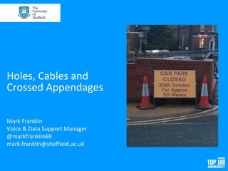 Holes, Cables and
Crossed Appendages
Mark Franklin
Voice & Data Support Manager
@markfranklin69
mark.franklin@sheffield.ac.uk
 