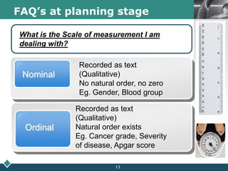 LOGOFAQ’s at planning stage
What is the Scale of measurement I am
dealing with?
Nominal
Recorded as text
(Qualitative)
No natural order, no zero
Eg. Gender, Blood group
Ordinal
Recorded as text
(Qualitative)
Natural order exists
Eg. Cancer grade, Severity
of disease, Apgar score
13
 
