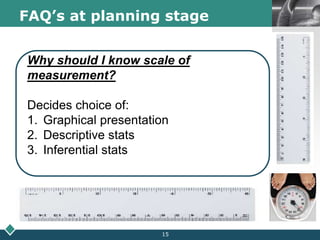 LOGOFAQ’s at planning stage
Why should I know scale of
measurement?
Decides choice of:
1. Graphical presentation
2. Descriptive stats
3. Inferential stats
15
 
