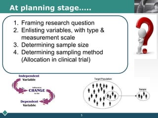 LOGOAt planning stage…..
1. Framing research question
2. Enlisting variables, with type &
measurement scale
3. Determining sample size
4. Determining sampling method
(Allocation in clinical trial)
5
 