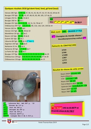 Vente Tournai-Kain 2019
Page 2/2
1er
Libourne Nat. de2.887 p. '18
6ème
Ecouen de 113 p.
22ème
Pont de 546 p.
33ème
Bourges de 600 p.
34ème
Pont de 329 p.
58ème
Vierzon de470 p.
335ème
Limoges Nat.Z de 2.510 p.
Quelques résultats 2018 (gd demi-fond, fond, gd fond (local)
Vierzon 285 Ygls : 5, 10, 13, 37, 40, 41, 42, 46, 47, 52, 57, 59, 62, 69 de 35
Bourges 370 Ygls : 31, 38, 42, 67, 68, 81, 82, 89, 105, 117 de 25
Limoges 253 Vx : 26, 33, 53 de 5
Bourges 166 Vx : 46 de 1
Bourges 251 Ygls : 2, 7, 19, 20, 28, 51, 52, 78 de 17
Châteauroux 397 Ygls : 3, 6, 27, 57, 80, 116, 118, 124, 130 de 14
Vierzon 162 Vx : 22, 37 de2
Vierzon 152 Ygls : 14, 32, 48 de 10
Montélimar 26 Ygls : 1, 7 de 2
Nevers 124 Ygls : 13, 24, 39 de 8
Guéret 102 Ygls : 19 de 2
Libourne 84 Ygls : 1, 18 de 4 (1er
Nat !!)
Argenton 145 Ygls : 7, 25 de 9
Narbonne 31 Vx : 2, 8 de 4
Narbonne 30 Ygls : 1, 7, 9, 10 de 7
La Ferté 101 Ygls : 5, 26 de 7
Bourges 137 Pgx : 5, 11, 16, 19, 21, 25, 29, 30, 35, 37, 46 de 20
Châteauroux 139 pgx : 3, 8, 16, 21, 24, 25, 34, 40, 47 de 20
Châteauroux 116 pgx : 20, 21, 26, 28, 30, 34, 36 de 13
 