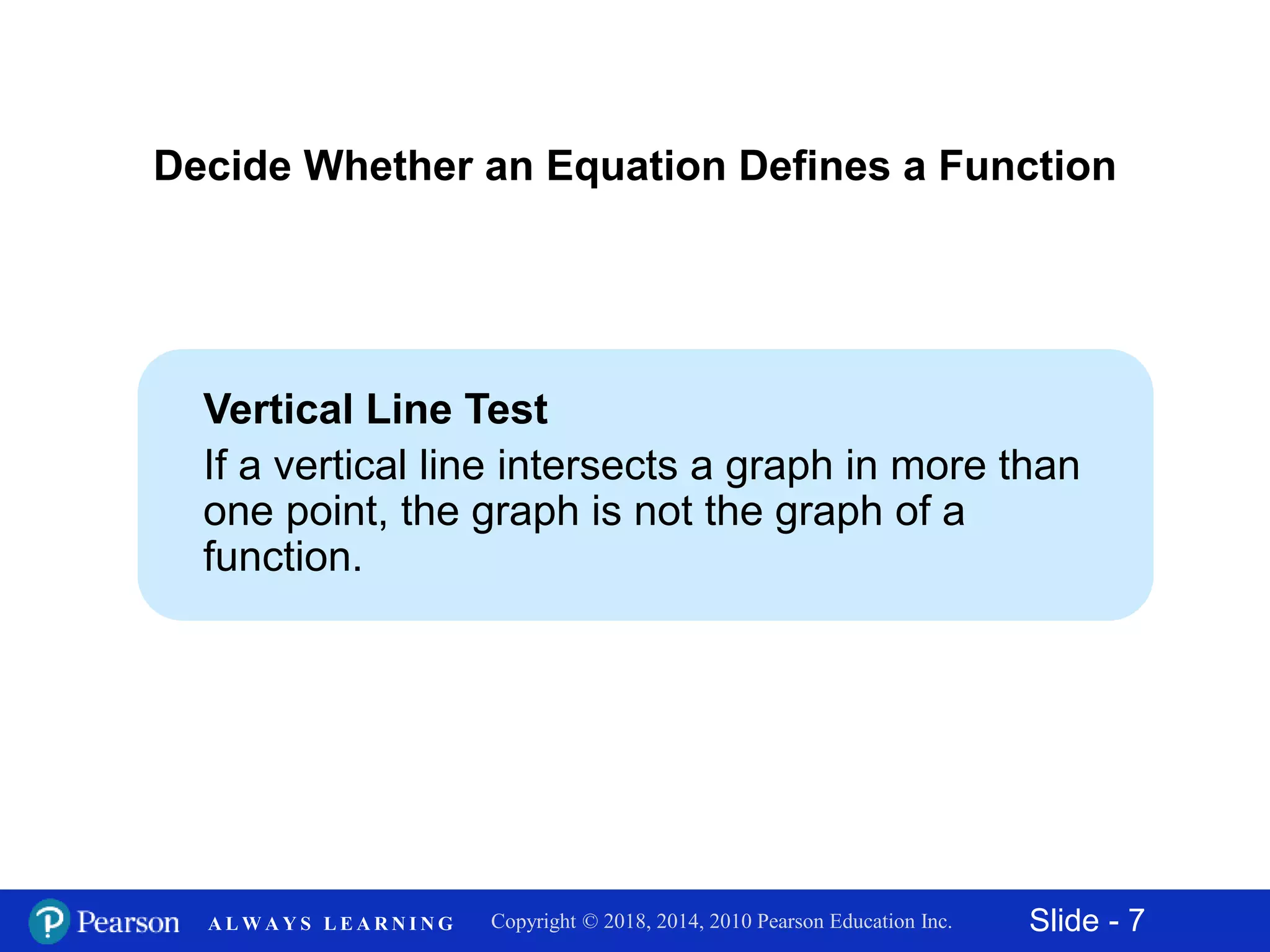 Slide - 7Copyright © 2018, 2014, 2010 Pearson Education Inc.A L W A Y S L E A R N I N G
Decide Whether an Equation Defines a Function
Vertical Line Test
If a vertical line intersects a graph in more than
one point, the graph is not the graph of a
function.
 