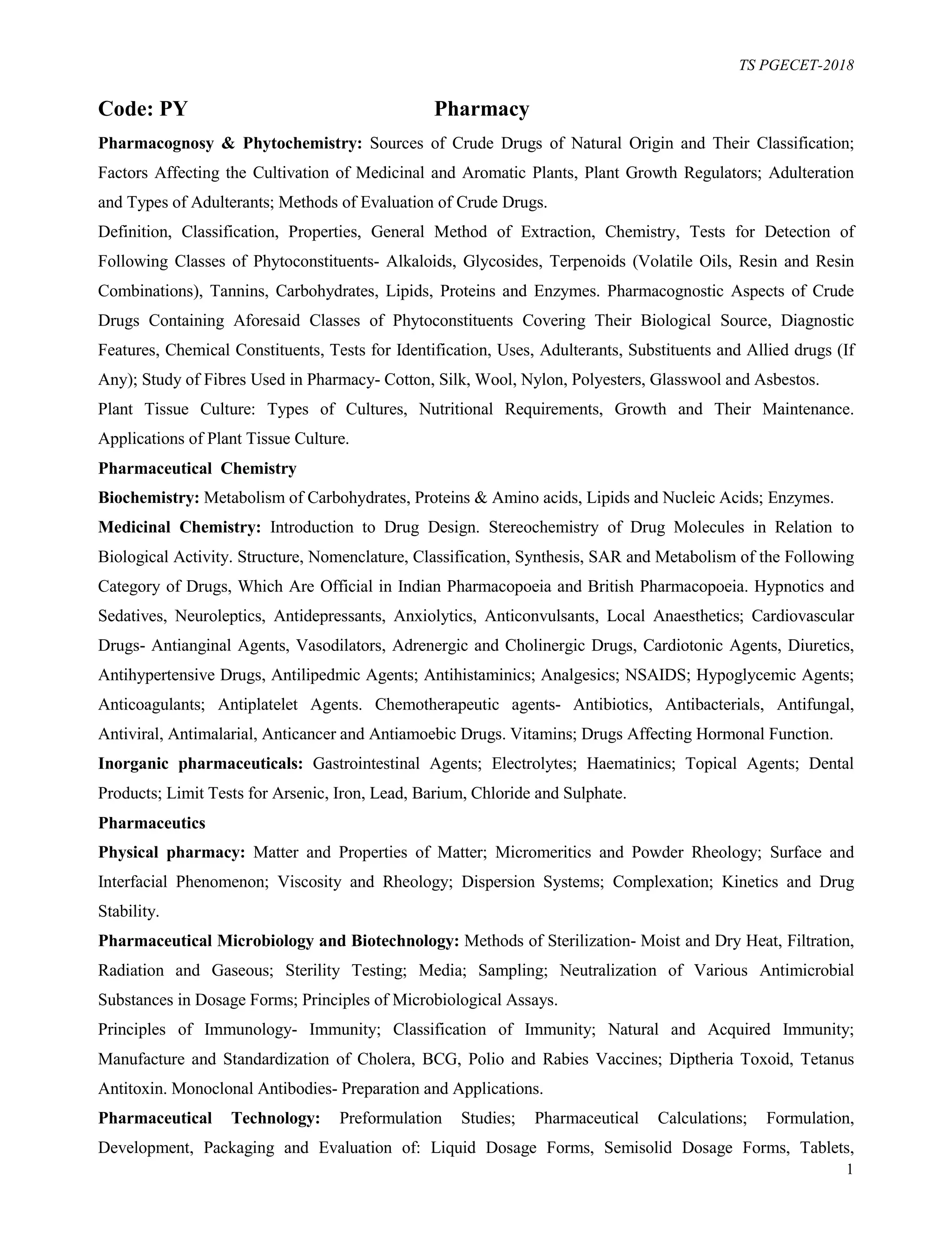 TS PGECET Pharmacy 2018 Syllabus | PDF