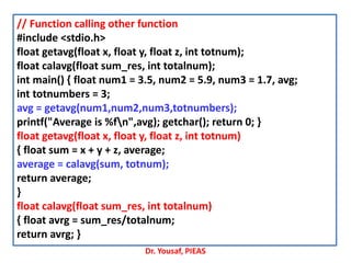 Dr. Yousaf, PIEAS
// Function calling other function
#include <stdio.h>
float getavg(float x, float y, float z, int totnum);
float calavg(float sum_res, int totalnum);
int main() { float num1 = 3.5, num2 = 5.9, num3 = 1.7, avg;
int totnumbers = 3;
avg = getavg(num1,num2,num3,totnumbers);
printf("Average is %fn",avg); getchar(); return 0; }
float getavg(float x, float y, float z, int totnum)
{ float sum = x + y + z, average;
average = calavg(sum, totnum);
return average;
}
float calavg(float sum_res, int totalnum)
{ float avrg = sum_res/totalnum;
return avrg; }
 