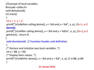 //Concept of local variables
#include <stdio.h>
void demo(void);
int main()
{
int x = 1, y = 2;
printf("nnBefore calling demo(), x = %d and y = %d", x, y); //x=1, y=2
demo();
printf("nnAfter calling demo(), x = %d and y = %dn", x, y); //x=1,y=2
getchar(); return 0;
}
void demo(void) // Function header and definition
{
/* Declare and initialize two local variables. */
int x = 88, y = 99;
/* Display their values. */
printf("nnWithin demo(), x = %d and y = %d", x, y); // x=88, y=89
}
Dr. Yousaf, PIEAS
 