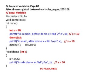 // Scope of variables, Page 80
//Local versus global (external) variables, pages; 207-209
// Local Variable
#include<stdio.h>
void demo(int x);
int main()
{
int x = 10;
printf("n in main, before demo x = %d nn", x); // x = 10
demo(x);
printf("in main, after demo x = %d nn", x); // x = 10
getchar(); return 0;
}
void demo (int x)
{
x = x+20;
printf("inside demo x= %d nn", x); // x = 30
}
•
Dr. Yousaf, PIEAS
 