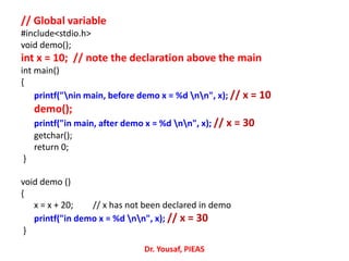 // Global variable
#include<stdio.h>
void demo();
int x = 10; // note the declaration above the main
int main()
{
printf("nin main, before demo x = %d nn", x); // x = 10
demo();
printf("in main, after demo x = %d nn", x); // x = 30
getchar();
return 0;
}
void demo ()
{
x = x + 20; // x has not been declared in demo
printf("in demo x = %d nn", x); // x = 30
}
Dr. Yousaf, PIEAS
 