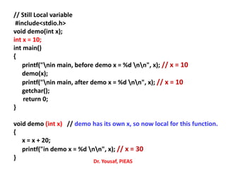 // Still Local variable
#include<stdio.h>
void demo(int x);
int x = 10;
int main()
{
printf("nin main, before demo x = %d nn", x); // x = 10
demo(x);
printf("nin main, after demo x = %d nn", x); // x = 10
getchar();
return 0;
}
void demo (int x) // demo has its own x, so now local for this function.
{
x = x + 20;
printf("in demo x = %d nn", x); // x = 30
} Dr. Yousaf, PIEAS
 