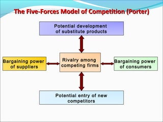 The Five-Forces Model of Competition (Porter)The Five-Forces Model of Competition (Porter)
Potential development
of substitute products
Rivalry among
competing firms
Bargaining power
of suppliers
Potential entry of new
competitors
Bargaining power
of consumers
 