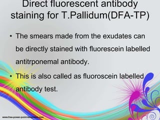 Direct fluorescent antibody
staining for T.Pallidum(DFA-TP)
• The smears made from the exudates can
be directly stained with fluorescein labelled
antitrponemal antibody.
• This is also called as fluoroscein labelled
antibody test.
 