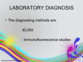 LABORATORY DIAGNOSIS
• The diagnosting methods are,
-ELISA
- Immunofluorescence studies
 