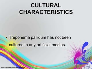 CULTURAL
CHARACTERISTICS
• Treponema pallidum has not been
cultured in any artificial medias.
 