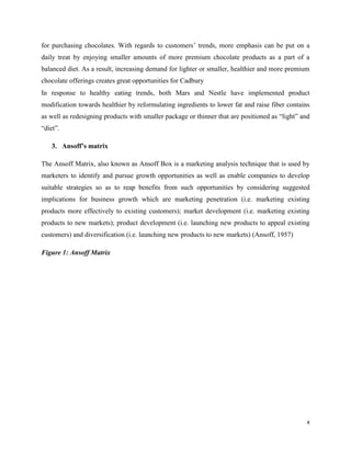 for purchasing chocolates. With regards to customers’ trends, more emphasis can be put on a
daily treat by enjoying smaller amounts of more premium chocolate products as a part of a
balanced diet. As a result, increasing demand for lighter or smaller, healthier and more premium
chocolate offerings creates great opportunities for Cadbury
In response to healthy eating trends, both Mars and Nestle have implemented product
modification towards healthier by reformulating ingredients to lower fat and raise fiber contains
as well as redesigning products with smaller package or thinner that are positioned as “light” and
“diet”.
3. Ansoff’s matrix
The Ansoff Matrix, also known as Ansoff Box is a marketing analysis technique that is used by
marketers to identify and pursue growth opportunities as well as enable companies to develop
suitable strategies so as to reap benefits from such opportunities by considering suggested
implications for business growth which are marketing penetration (i.e. marketing existing
products more effectively to existing customers); market development (i.e. marketing existing
products to new markets); product development (i.e. launching new products to appeal existing
customers) and diversification (i.e. launching new products to new markets) (Ansoff, 1957)
Figure 1: Ansoff Matrix
4
 