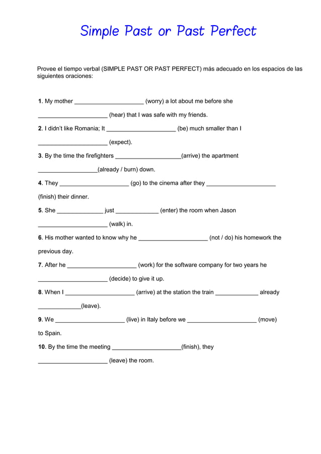 Englisch übungen Simple Past Past Perfect Simple past-past perfect | PDF