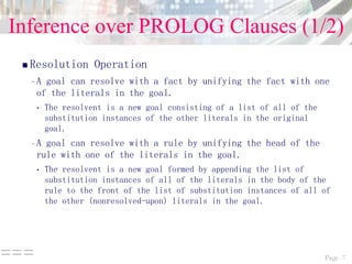 Page 7===
Inference over PROLOG Clauses (1/2)
 Resolution Operation
–A goal can resolve with a fact by unifying the fact with one
of the literals in the goal.
• The resolvent is a new goal consisting of a list of all of the
substitution instances of the other literals in the original
goal.
–A goal can resolve with a rule by unifying the head of the
rule with one of the literals in the goal.
• The resolvent is a new goal formed by appending the list of
substitution instances of all of the literals in the body of the
rule to the front of the list of substitution instances of all of
the other (nonresolved-upon) literals in the goal.
 