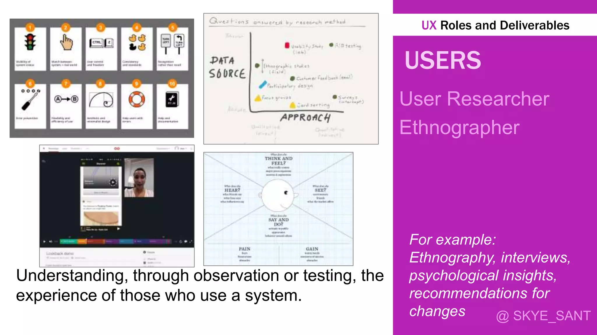 @ SKYE_SANT
USERS
User Researcher
Ethnographer
Understanding, through observation or testing, the
experience of those who use a system.
For example:
Ethnography, interviews,
psychological insights,
recommendations for
changes
UX Roles and Deliverables
 