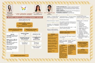 DIFFERENT CAUSES OF JAUNDICE IN PREGNANCY DECODED
“ YTP UPDATE 2020”
Author - Dr Sheeba Marwah
MBBS, DNB,
Fellowship ICOG CCOB, Assistant Professor
Safdarjung Hospital, New Delhi-110029Dr. Neharika Malhotra
MD(obgyn), DRM Germany
Rainbow IVF, Agra
BROUGHT TO YOU BY
YTP CHAIRPERSON
PREGNANT WOMEN WITH RAISED
SERUM BILIRUBIN OR SGOT ?SGPT.
COMPLETE HISTORY + CLINICAL
EXAMINATION
Ascertain whether the disease is pre-existing,
related to pregnancy, or co-incidental
DERANGED HEPATOCELLULAR PROFILE
Increased AST ?ALT
DERANGED BILIARY FUNCTION
Increased bilirubin ?ALP
RULE OUT
Viral Hepatitis- Hepatitis A,B,C,E
(anti HAV IgM, HbsAg, Anti HCV
IgM, HEV IgM)
Herpes (HSV IgM) , CMV (CMV
IgM) , Epstein barr virus (VCA
IgM) infections
Drug Intake. (eg- antitubercular
drugs, carbamazepine,
glucocorticoids)
Others- Autoimmune disorders
such as chronic active hepatitis,
primary biliary cirrhosis (ANA,
Anti SMA, AMA)
SURGICAL EVALUATION
AND TREATMENT
PREGNANCY RELATED WORK-UP
st
ESTIMATE GESTATIONAL AGE (1 trimester- hyperemesis gravidarum,
nd rd
2 &3 trimester-IHCP,AFLP,Pre-Eclampsia,Eclampsiasyndromes)
HISTORY OF itching, increased blood pressure records, convulsions,
irritability,drowsiness.
GENERAL EXAMINATION-Assessment of GCS, DTR, BP, Respiratory &
CVSexamination,urinealbumin,RBSifrequired.
PER ABDOMINALEXAMINATIONtoassessfetalstatus.
NO EVIDENCE OF
OBSTRUCTION
PRESENCE OF
GALL STONES.
EVALUATION TO RULE OUT
BILIARY OBSTRUCTION
USG upper abdomen
NO FURTHER TESTING
REQUIRED
Increased ALP due to
placental production
DERANGED BILIRUBIN
+ ?- ALP
INCREASED ALP ONLY
Systolic Blood pressure > 140 mmHg or diastolic
bloodpressure>90mmHg±proteinuria.
Presentationafter20weeks.
Ask symptoms of imminent eclampsia such as
headache & epigastric pain not responding to
treatment, blurringofvision
Presenceofconvulsions
Associated decreased platelet count < 1 lakh
cells?µL,evidenceofhemolysis.
SWANSEAcriteria-≥6criteriamet.
1. Vomiting
2. Abdominalpain
3. Polydipsia?polyuria
4. Encephalopathy
5. ­bilirubin(>14µmol?L)
6. Hypoglycaemia(<4mmol?L)
7. ­urate(>340µmol?L)
9
8. ­TLC(>11X10 ?L)
9. ­ALT?AST(>42IU?L)
10. ­ammonia(>47µmol?L)
11. ­Creatinine (>150µmol?L)
12. Coagulopathy( PT> 14 sec,
Aptt>34sec)
13. Ascitisorbright liveronUSG
14. Microvesicular steatosis on
liverbiopsy
DIAGNOSIS OF PRE- ECLAMPSIA WITH SEVERE
FEATURES ?ECLAMPSIA ?HELLP
Fastingserumbileacids>10µmol?L
DIAGNOSIS OF INTRAHEPATIC
CHOLESTASIS OF PREGNANCY
(IHCP)
MonitorLFTweeklyuntildelivery.
Coagulationprofileshouldbedone.
Gestation > 30 weeks Itching on
palms&soles,increasedatnight
Presentationinthirdtrimester.
Exclusionofothercausesofjaundice
Pre- eclampsia with severe features ?eclampsia ?
HELLPcontinued
TREATMENT
Topical & systemic emollients
to treat pruritis
Ursodeoxycholic acid 10-15
mg ?Kg in divided doses.
Vitamin K – 5- 10 mg if
prolonged prothrombin time.
Any type of fetal surveillance
cannot prevent fetal death
Elective termination of+0
pregnancy by 37 weeks.
Continuous fetal monitoring
during labor.
Repeat LFT 10 days
postpartum.
DIAGNOSIS OF ACUTE FATTY
LIVER OF PREGNANCY
( Long chain 3- hydroxyacyl
Co A dehydrogenase
deficiency.)
TREATMENT
Prompt delivery required.
Monitor blood glucose, urine
output, signs of encephalopathy.
+0
Gestation <34 weeks
without imminent signs
?convulsions
Gestation > 34 weeks ?
imminent signs ?
convulsions
TREATMENT
Administer
corticosteroids for fetal
lung maturity.
Daily LFT, Urine output
to be monitored.
Coagulation profile to
be done.
Antihypertensives for
blood pressure control.
Deliver after completion
of steroid cover and
MgSO4 during labor
TREATMENT
4 pronged approach
Start MgSO4 injection.
Anti-hypertensives for
blood pressure control.
Feto maternal
monitoring.
Termination of
pregnancy.
Author - B. Manjeera Siva Jyothi
MBBS,MD
Senior Resident,
Safdarjung Hospital Delhi
 