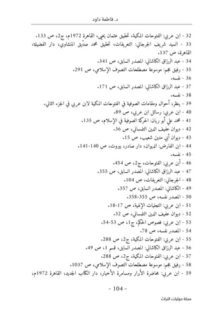 .‫د‬
‫داود‬ ‫فاطمة‬
- 104 -
‫اﻟﺘﺮاث‬ ‫ﺣﻮﻟﻴﺎت‬ ‫ﻣﺠﻠﺔ‬
32
-
:‫عربي‬ ‫ابن‬
‫الفتوحات‬
،‫المكية‬
‫حقيق‬‫ت‬
‫عثمان‬
،‫حيى‬‫ي‬
‫القاهرة‬
1972
‫م‬
،
‫ج‬
2
،
‫ص‬
133
.
33
-
‫السيد‬
‫يف‬‫شر‬
‫جرجاني‬‫ل‬‫ا‬
:
‫يفات‬‫التعر‬
،
‫حقيق‬‫ت‬
‫محمد‬
‫ّيق‬‫د‬‫ص‬
،‫المنشاوي‬
‫دار‬
،‫الفضيلة‬
‫القاهرة‬
،
‫ص‬
137
.
34
-
‫عبد‬
‫الرزاق‬
‫الكاشاني‬
:
‫السابق‬ ‫المصدر‬
،
‫ص‬
341
.
35
-
‫جم‬‫ع‬ ‫رفيق‬
:
‫موسوعة‬
‫مصطلحات‬
‫التصوف‬
‫الإسلامي‬
،
‫ص‬
291
.
36
-
‫نفسه‬
.
37
-
‫عبد‬
‫الرزاق‬
‫الكاشاني‬
:
‫السابق‬ ‫المصدر‬
،
‫ص‬
171
.
38
-
‫نفسه‬
.
39
-
‫ينظر‬
،
‫أحوال‬
‫ومقامات‬
‫الصوفية‬
‫في‬
‫الفتوحات‬
‫المكية‬
‫لابن‬
‫عربي‬
‫في‬
‫جزء‬‫ل‬‫ا‬
‫الثاني‬
.
40
-
‫عربي‬ ‫ابن‬
:
‫رسائل‬
‫ابن‬
‫عربي‬
،
‫ص‬
89
.
41
-
‫محمد‬
‫علي‬
‫أ‬
‫بو‬
‫يان‬‫ر‬
:
‫كة‬
‫حر‬‫ل‬‫ا‬
‫الصوفية‬
‫في‬
،‫الإسلام‬
‫ص‬
135
.
42
-
‫التلمساني‬ ‫الدين‬ ‫عفيف‬ ‫ديوان‬
،
‫ص‬
36
.
43
-
‫ديوان‬
‫أبي‬
‫مدين‬
،‫شعيب‬
‫ص‬
15
.
44
-
‫ابن‬
‫الفارض‬
،‫الديوان‬ :
‫دار‬
،‫صادر‬
،‫بيروت‬
‫ص‬
140
-
141
.
45
-
‫نفسه‬
.
46
-
:‫عربي‬ ‫أبن‬
،‫الفتوحات‬
‫ج‬
2
،
‫ص‬
454
.
47
-
‫عبد‬
‫الرزاق‬
‫الكاشاني‬
:
‫السابق‬ ‫المصدر‬
،
‫ص‬
355
.
48
-
‫جرجاني‬‫ل‬‫ا‬
:
‫التع‬
‫يفات‬‫ر‬
،
‫ص‬
104
.
49
-
‫الكاشاني‬
:
‫السابق‬ ‫المصدر‬
،
‫ص‬
357
.
50
-
‫نفسه‬ ‫المصدر‬
،
‫ص‬
355
-
358
.
51
-
‫عربي‬ ‫ابن‬
:
‫التجليات‬
،‫الإلهية‬
‫ص‬
17
-
18
.
52
-
‫ديوان‬
‫عفيف‬
‫الدين‬
‫التلمساني‬
،
‫ص‬
32
.
53
-
‫عربي‬ ‫ابن‬
:
‫فصوص‬
‫حكم‬‫ل‬‫ا‬
،
‫ج‬
1
،
‫ص‬
53
-
54
.
54
-
‫نفسه‬ ‫المصدر‬
،
‫ص‬
78
.
55
-
‫عربي‬ ‫ابن‬
:
‫الفتوحات‬
،‫المكية‬
‫ج‬
2
،
‫ص‬
288
.
56
-
‫عبد‬
‫الرزاق‬
‫الكاشاني‬
:
‫السابق‬ ‫المصدر‬
،
‫قسم‬
1
،
‫ص‬
49
.
57
-
:‫عربي‬ ‫ابن‬
‫الفتوحات‬
،‫المكية‬
‫ج‬
2
،
‫ص‬
288
.
58
-
‫جم‬‫ع‬ ‫رفيق‬
:
‫موسوعة‬
‫مصطلحات‬
‫التصوف‬
‫الإسلامي‬
،
‫ص‬
1037
.
59
-
:‫عربي‬ ‫ابن‬
‫حاضرة‬‫م‬
‫الأبرار‬
‫ومسامرة‬
،‫الأخبار‬
‫دار‬
‫ال‬
‫كتا‬
‫ب‬
،‫جديد‬‫ل‬‫ا‬
‫القاهرة‬
1972
‫م‬
،
 
