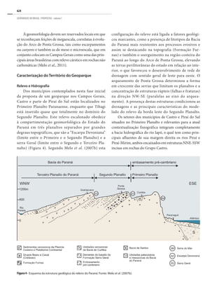 624
GEOPARQUES DO BRASIL / PROPOSTAS · volume I
À geomorfologia devem ser reservados locais em que
se reconheçam feições de megaescala, correlatas à evolu-
ção do Arco de Ponta Grossa, tais como escarpamentos
ou canyons e também as de meso e microescala, que em
conjunto colocam os Campos Gerais como uma das prin-
cipais áreas brasileiras com relevo cárstico em rochas não
carbonáticas (Melo et al., 2011).
Caracterização do Território do Geoparque
Relevo e Hidrografia
Dos municípios contemplados nesta fase inicial
da proposta de um geoparque nos Campos Gerais,
Castro e parte de Piraí do Sul estão localizados no
Primeiro Planalto Paranaense, enquanto que Tibagi
está inserido quase que totalmente no domínio do
Segundo Planalto. Este relevo escalonado obedece
à compartimentação geomorfológica do Estado do
Paraná em três planaltos separados por grandes
degraus topográficos, que são a “Escarpa Devoniana”
(limite entre o Primeiro e o Segundo Planalto) e a
serra Geral (limite entre o Segundo e Terceiro Pla-
nalto) (Figura 4). Segundo Melo et al. (2007b) esta
configuração do relevo está ligada a fatores geológi-
cos marcantes, como a presença de litotipos da Bacia
do Paraná mais resistentes aos processos erosivos e
assim se destacando na topografia (Formação Fur-
nas) e também o soerguimento na região costeira do
Paraná ao longo do Arco de Ponta Grossa, elevando
as terras perilitorâneas do estado em relação ao inte-
rior, o que favoreceu o desenvolvimento de rede de
drenagem com sentido geral de leste para oeste. O
arqueamento de Ponta Grossa determinou a forma
em crescente das serras que limitam os planaltos e a
concentração de estruturas rúpteis (falhas e fraturas)
na direção NW-SE (paralelas ao eixo do arquea-
mento). A presença destas estruturas condicionou as
drenagens e as principais características do mode-
lado do relevo da borda leste do Segundo Planalto.
Os setores dos municípios de Castro e Piraí do Sul
situados no Primeiro Planalto e relevantes para a atual
contextualização fisiográfica integram completamente
a bacia hidrográfica do rio Iapó, o qual tem como prin-
cipais afluentes de sua margem direita os rios Piraí e
Piraí-Mirim, ambos encaixados em estruturas NNE-SSW
incisas em rochas do Grupo Castro.
Figura 4 - Esquema da estrutura geológica do relevo do Paraná. Fonte: Melo et al. (2007b).
 