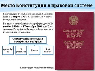 Место Конституции в правовой системе
Конституция Республики Беларусь
Конституция Республики Беларусь была при-
нята 15 мар...