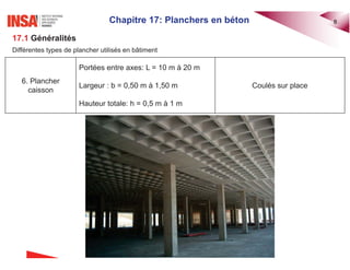 Chapitre 17: Planchers en béton 8
17.1 Généralités
Différentes types de plancher utilisés en bâtiment
6. Plancher
caisson
Portées entre axes: L = 10 m à 20 m
Largeur : b = 0,50 m à 1,50 m
Hauteur totale: h = 0,5 m à 1 m
Coulés sur place
 