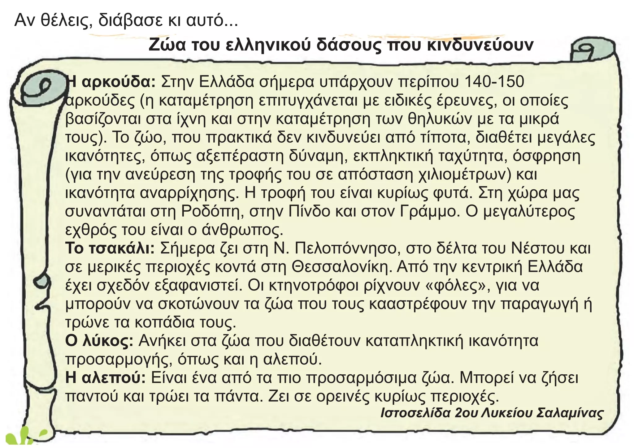 Aν θέλεις, διάβασε κι αυτό...
Ζώα του ελληνικού δάσους που κινδυνεύουν
Η αρκούδα: Στην Ελλάδα σήμερα υπάρχουν περίπου 140-150
αρκούδες (η καταμέτρηση επιτυγχάνεται με ειδικές έρευνες, οι οποίες
βασίζονται στα ίχνη και στην καταμέτρηση των θηλυκών με τα μικρά
τους). Το ζώο, που πρακτικά δεν κινδυνεύει από τίποτα, διαθέτει μεγάλες
ικανότητες, όπως αξεπέραστη δύναμη, εκπληκτική ταχύτητα, όσφρηση
(για την ανεύρεση της τροφής του σε απόσταση χιλιομέτρων) και
ικανότητα αναρρίχησης. Η τροφή του είναι κυρίως φυτά. Στη χώρα μας
συναντάται στη Ροδόπη, στην Πίνδο και στον Γράμμο. Ο μεγαλύτερος
εχθρός του είναι ο άνθρωπος.
Το τσακάλι: Σήμερα ζει στη Ν. Πελοπόννησο, στο δέλτα του Νέστου και
σε μερικές περιοχές κοντά στη Θεσσαλονίκη. Από την κεντρική Ελλάδα
έχει σχεδόν εξαφανιστεί. Οι κτηνοτρόφοι ρίχνουν «φόλες», για να
μπορούν να σκοτώνουν τα ζώα που τους κααστρέφουν την παραγωγή ή
τρώνε τα κοπάδια τους.
Ο λύκος: Ανήκει στα ζώα που διαθέτουν καταπληκτική ικανότητα
προσαρμογής, όπως και η αλεπού.
Η αλεπού: Είναι ένα από τα πιο προσαρμόσιμα ζώα. Μπορεί να ζήσει
παντού και τρώει τα πάντα. Ζει σε ορεινές κυρίως περιοχές.
Ιστοσελίδα 2ου Λυκείου Σαλαμίνας
 