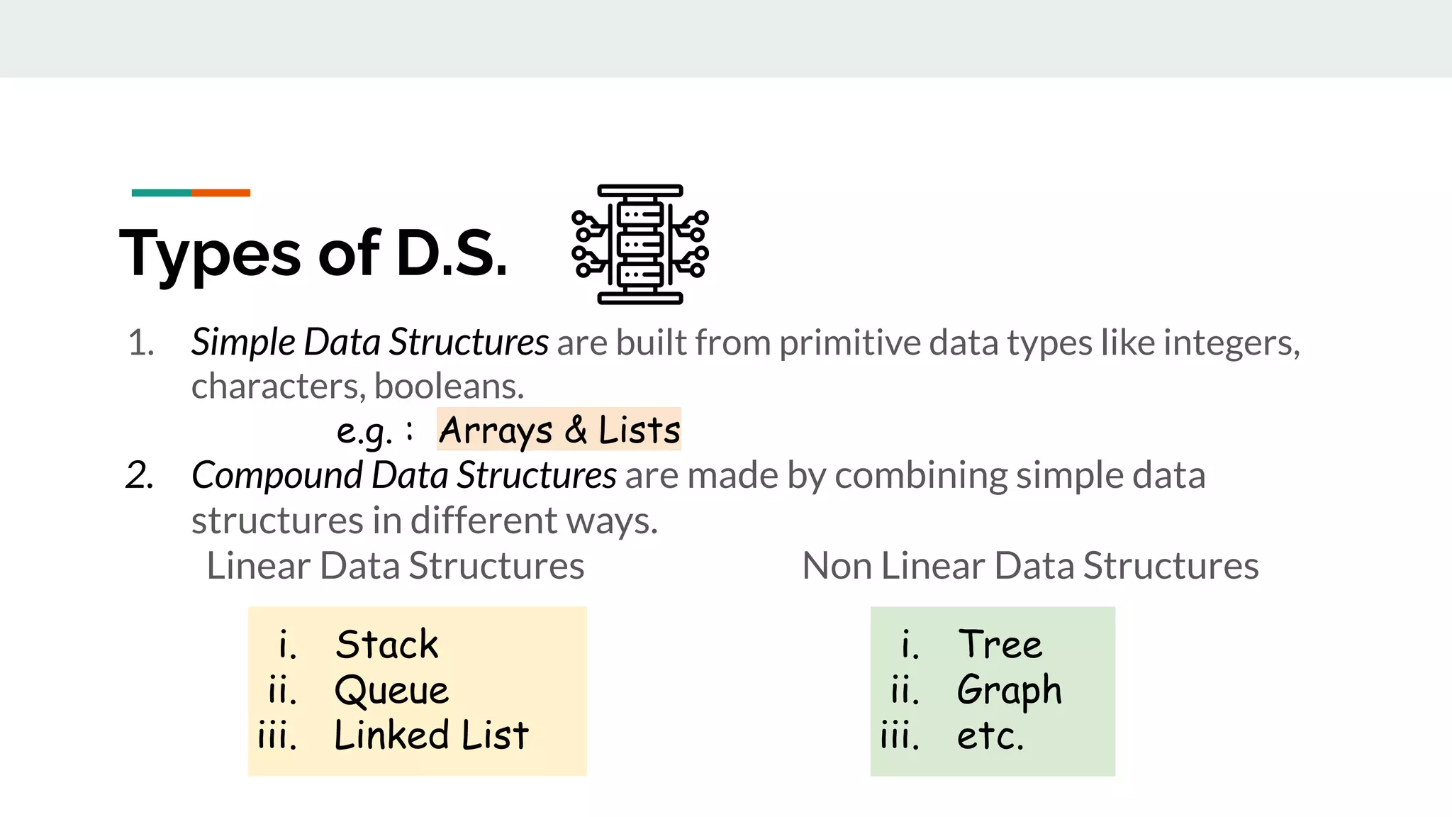 Types of D.S.
1. Simple Data Structures are built from primitive data types like integers,
characters, booleans.
e.g. : Arrays & Lists
2. Compound Data Structures are made by combining simple data
structures in different ways.
Linear Data Structures Non Linear Data Structures
i. Tree
ii. Graph
iii. etc.
i. Stack
ii. Queue
iii. Linked List
 