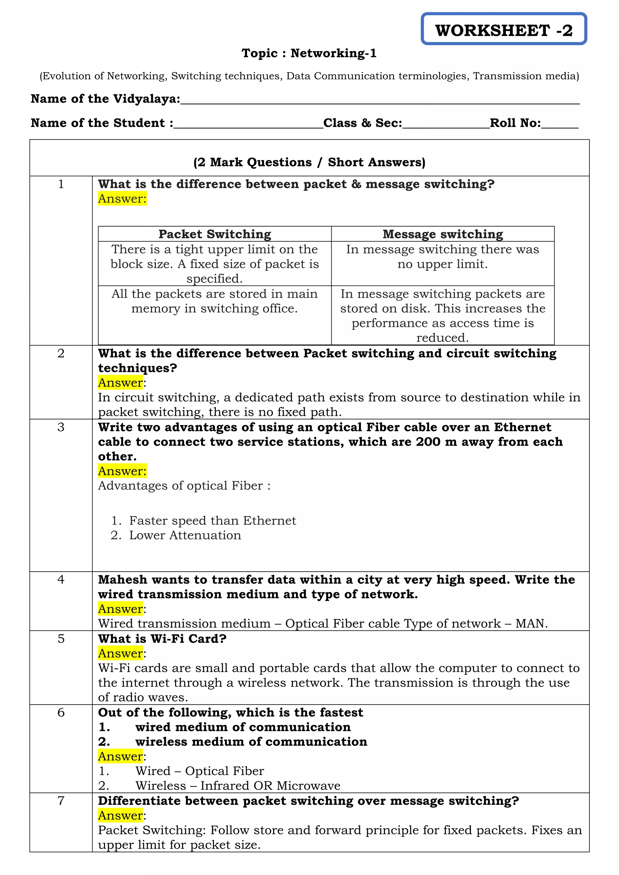 Topic : Networking-1
(Evolution of Networking, Switching techniques, Data Communication terminologies, Transmission media)
Name of the Vidyalaya:________________________________________________________________
Name of the Student :________________________Class & Sec:______________Roll No:______
(2 Mark Questions / Short Answers)
1 What is the difference between packet & message switching?
Answer:
Packet Switching Message switching
There is a tight upper limit on the
block size. A fixed size of packet is
specified.
In message switching there was
no upper limit.
All the packets are stored in main
memory in switching office.
In message switching packets are
stored on disk. This increases the
performance as access time is
reduced.
2 What is the difference between Packet switching and circuit switching
techniques?
Answer:
In circuit switching, a dedicated path exists from source to destination while in
packet switching, there is no fixed path.
3 Write two advantages of using an optical Fiber cable over an Ethernet
cable to connect two service stations, which are 200 m away from each
other.
Answer:
Advantages of optical Fiber :
1. Faster speed than Ethernet
2. Lower Attenuation
4 Mahesh wants to transfer data within a city at very high speed. Write the
wired transmission medium and type of network.
Answer:
Wired transmission medium – Optical Fiber cable Type of network – MAN.
5 What is Wi-Fi Card?
Answer:
Wi-Fi cards are small and portable cards that allow the computer to connect to
the internet through a wireless network. The transmission is through the use
of radio waves.
6 Out of the following, which is the fastest
1. wired medium of communication
2. wireless medium of communication
Answer:
1. Wired – Optical Fiber
2. Wireless – Infrared OR Microwave
7 Differentiate between packet switching over message switching?
Answer:
Packet Switching: Follow store and forward principle for fixed packets. Fixes an
upper limit for packet size.
WORKSHEET -2
 