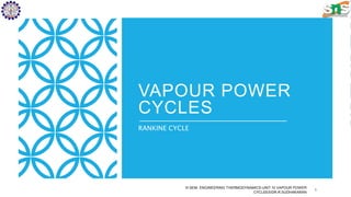 VAPOUR POWER
CYCLES
RANKINE CYCLE
III SEM- ENGINEERING THERMODYNAMICS-UNIT IV VAPOUR POWER
CYCLEES/DR.R.SUDHAKARAN
1
 