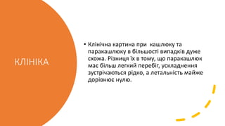 КЛІНІКА
• Клінічна картина при кашлюку та
паракашлюку в більшості випадків дуже
схожа. Різниця їх в тому, що паракашлюк
має більш легкий перебіг, ускладнення
зустрічаються рідко, а летальність майже
дорівнює нулю.
 