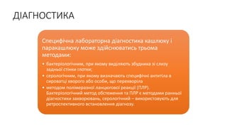 ДІАГНОСТИКА
Специфічна лабораторна діагностика кашлюку і
паракашлюку може здійснюватись трьома
методами:
• бактеріологічним, при якому виділяють збудника зі слизу
задньої стінки глотки;
• серологічним, при якому визначають специфічні антитіла в
сироватці хворого або особи, що перехворіла
• методом полімеразної ланцюгової реакції (ПЛР).
Бактеріологічний метод обстеження та ПЛР є методами ранньої
діагностики захворювань, серологічний ‒ використовують для
ретроспективного встановлення діагнозу.
 