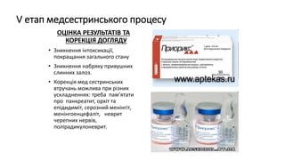 V етап медсестринського процесу
ОЦІНКА РЕЗУЛЬТАТІВ ТА
КОРЕКЦІЯ ДОГЛЯДУ
• Зникнення інтоксикації,
покращання загального стану
• Зникнення набряку привушних
слинних залоз.
• Корекція мед сестринських
втручань можлива при різних
ускладненнях: треба пам’ятати
про панкреатит, орхіт та
епідидиміт, серозний менінгіт,
менінгоенцефаліт, неврит
черепних нервів,
полірадикулоневрит.
 
