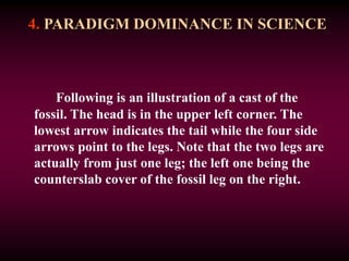 4. PARADIGM DOMINANCE IN SCIENCE
Following is an illustration of a cast of the
fossil. The head is in the upper left corner. The
lowest arrow indicates the tail while the four side
arrows point to the legs. Note that the two legs are
actually from just one leg; the left one being the
counterslab cover of the fossil leg on the right.
 
