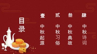 目
录
壹 贰 叁 肆
中
秋
起
源
中
秋
习
俗
中
秋
典
故
中
秋
诗
词
 