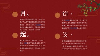义。
月。
中秋节吃月饼相传始于元代。当时，中
原广大人民不堪忍受元朝统治阶级的残
酷统治，纷纷起义抗元。朱元璋联合各
路反抗力量准备起义。但朝庭官兵搜查
的十分严密，传递消息十分困难。
起。
到了起义的那天，各路义军一齐响应。
很快，徐达就攻下元大都，起义成功了。
消息传来，朱元璋高兴得连忙传下口谕，
在即将来临的中秋节，让全体将士与民
同乐。
饼。
军师刘伯温便想出一计策，命令属下把
藏有“八月十五夜起义”的纸条藏入饼子
里面，再派人分头传送到各地起义军中，
通知他们在八月十五日晚上起义响应。
并将当年起兵时以秘密传递信息的“月
饼”，作为节令糕点赏赐群臣。此后，
“月饼”制作越发精细，品种更多。之后
中秋节吃月饼的习俗便在民间流传开来。
 