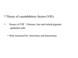  Theory of vasoinhibitory factors (VIF):
⚫ Source of VIF : Vitreous, lens and retinal pigment
epithelial cells
⚫ Risk increased by vitrectomy and lensectomy
 