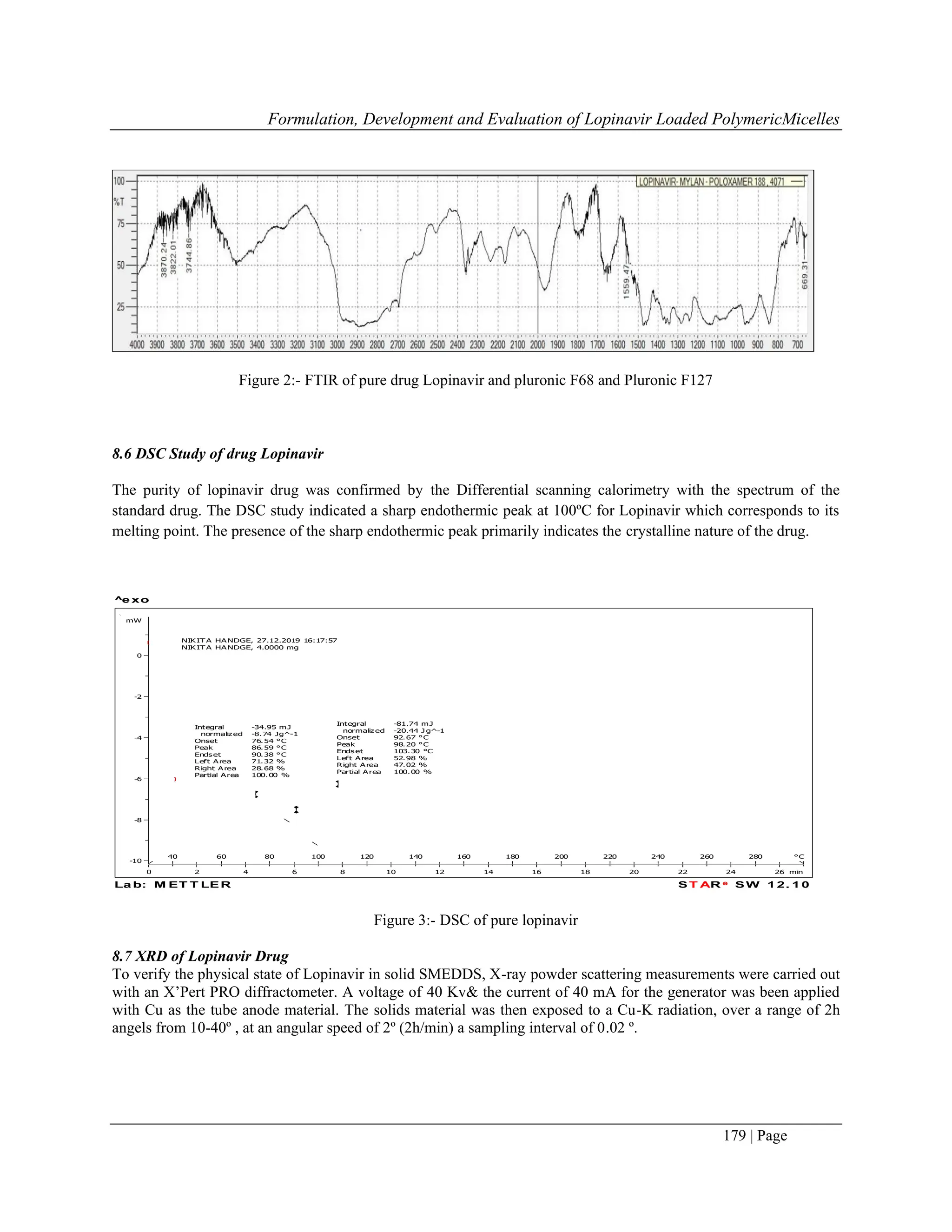 Formulation, Development and Evaluation of Lopinavir Loaded PolymericMicelles
179 | Page
Figure 2:- FTIR of pure drug Lopinavir and pluronic F68 and Pluronic F127
8.6 DSC Study of drug Lopinavir
The purity of lopinavir drug was confirmed by the Differential scanning calorimetry with the spectrum of the
standard drug. The DSC study indicated a sharp endothermic peak at 100ºC for Lopinavir which corresponds to its
melting point. The presence of the sharp endothermic peak primarily indicates the crystalline nature of the drug.
Figure 3:- DSC of pure lopinavir
8.7 XRD of Lopinavir Drug
To verify the physical state of Lopinavir in solid SMEDDS, X-ray powder scattering measurements were carried out
with an X’Pert PRO diffractometer. A voltage of 40 Kv& the current of 40 mA for the generator was been applied
with Cu as the tube anode material. The solids material was then exposed to a Cu-K radiation, over a range of 2h
angels from 10-40º , at an angular speed of 2º (2h/min) a sampling interval of 0.02 º.
Integral -34.95 mJ
normaliz ed -8.74 Jg^-1
Onset 76.54 °C
Peak 86.59 °C
Ends et 90.38 °C
Left Area 71.32 %
Right Area 28.68 %
Partial Area 100.00 %
Integral -81.74 mJ
normaliz ed -20.44 J g^-1
Onset 92.67 °C
Peak 98.20 °C
Ends et 103.30 °C
Left Area 52.98 %
Right Area 47.02 %
Partial Area 100.00 %
NIK IT A HANDGE, 27.12.2019 16:17:57
NIK IT A HANDGE, 4.0000 mg
mW
-10
-8
-6
-4
-2
0
min
°C
40 60 80 100 120 140 160 180 200 220 240 260 280
0 2 4 6 8 10 12 14 16 18 20 22 24 26
^e xo
S T AR e S W 1 2. 1 0
La b: M ET T LE R
 