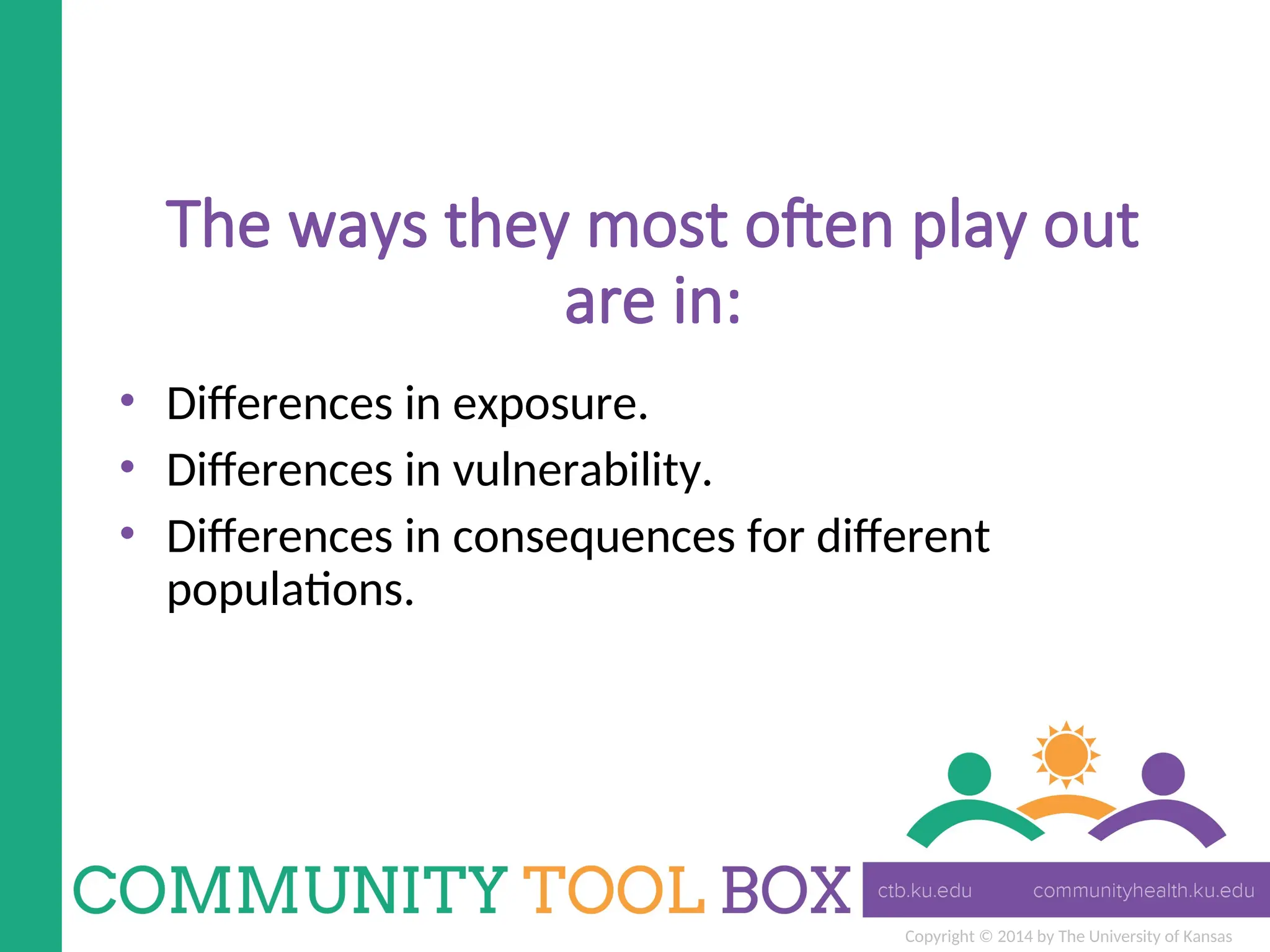 Copyright © 2014 by The University of Kansas
The ways they most often play out
are in:
• Differences in exposure.
• Differences in vulnerability.
• Differences in consequences for different
populations.
 
