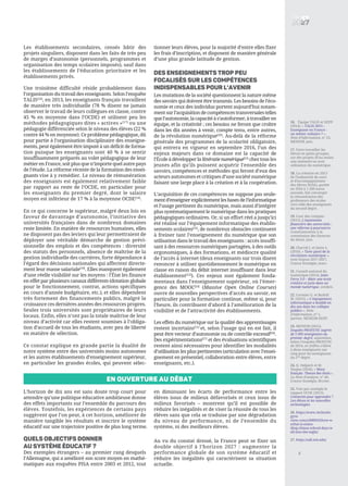 Les établissements secondaires, censés bâtir des
projets singuliers, disposent dans les faits de très peu
de marges d’autonomie (personnels, programmes et
organisation des temps scolaires imposés), sauf dans
les établissements de l’éducation prioritaire et les
établissements privés.
Une troisième difficulté réside probablement dans
l’organisation du travail des enseignants. Selon l’enquête
TALIS[16]
, en 2013, les enseignants français travaillent
de manière très individuelle (78 % disent ne jamais
observer le travail de leurs collègues en classe, contre
45 % en moyenne dans l’OCDE) et utilisent peu les
méthodes pédagogiques dites « actives »[17]
ou une
pédagogie différenciée selon le niveau des élèves (22 %
contre 44 % en moyenne). Ce problème pédagogique, dû
pour partie à l’organisation disciplinaire des enseigne-
ments, peut également être imputé à un déficit de forma-
tion puisque les enseignants sont 40 % à se sentir
insuffisamment préparés au volet pédagogique de leur
métier en France, soit plus que n’importe quel autre pays
de l’étude. La réforme récente de la formation des ensei-
gnants vise à y remédier. Le niveau de rémunération
des enseignants est également relativement faible
par rapport au reste de l’OCDE, en particulier pour
les enseignants du premier degré, dont le salaire
moyen est inférieur de 17 % à la moyenne OCDE[18]
.
En ce qui concerne le supérieur, malgré deux lois en
faveur de davantage d’autonomie, l’initiative des
universités françaises dans de nombreux domaines
reste limitée. En matière de ressources humaines, elles
ne disposent pas des leviers qui leur permettraient de
déployer une véritable démarche de gestion prévi-
sionnelle des emplois et des compétences : diversité
des statuts des personnels, absence de maîtrise de la
gestion individuelle des carrières, forte dépendance à
l’égard des décisions nationales qui affectent directe-
ment leur masse salariale[19]
. Elles manquent également
d’une réelle visibilité sur les moyens : l’État les finance
en effet par plusieurs canaux différents (dotation globale
pour le fonctionnement, contrat, actions spécifiques
en cours d’année budgétaire, etc.), et elles dépendent
très fortement des financements publics, malgré la
croissance ces dernières années des ressources propres.
Seules trois universités sont propriétaires de leurs
locaux. Enfin, elles n’ont pas la totale maîtrise de leur
niveau d’activité car elles restent soumises à l’obliga-
tion d’accueil de tous les étudiants, avec peu de liberté
en matière de sélection.
Ce constat explique en grande partie la dualité de
notre système entre des universités moins autonomes
et les autres établissements d’enseignement supérieur,
en particulier les grandes écoles, qui peuvent sélec-
tionner leurs élèves, pour la majorité d’entre elles fixer
les frais d’inscription, et disposent de manière générale
d’une plus grande latitude de gestion.
Des enseignements trop peu
focalisés sur les compétences
indispensables pour l’avenir
Les mutations de la société questionnent la nature même
des savoirs qui doivent être transmis. Les besoins de l’éco-
nomie et ceux des individus portent aujourd’hui notam-
ment sur l’acquisition de compétences transversales telles
quel’autonomie,lacapacitéàs’autoformer,àtravailleren
équipe, et la créativité ; ces besoins ne feront que croître
dans les dix années à venir, compte tenu, entre autres,
de la révolution numérique[20]
. Au-delà de la réforme
générale des programmes de la scolarité obligatoire,
qui entrera en vigueur en septembre 2016, l’un des
enjeux majeurs dans ce domaine est la capacité de
l’École à développer la littératie numérique[21]
chez tous les
jeunes afin qu’ils puissent acquérir l’ensemble des
savoirs, compétences et méthodes qui feront d’eux des
acteurs autonomes et critiques d’une société numérique
faisant une large place à la création et à la coopération.
L’acquisition de ces compétences ne suppose pas seule-
ment d’enseigner explicitement les bases de l’informatique
et l’usage pertinent du numérique, mais aussi d’intégrer
plus systématiquement le numérique dans les pratiques
pédagogiques ordinaires. Or, si un effort réel a jusqu’ici
été réalisé sur l’équipement informatique des établis-
sements scolaires[22]
, de nombreux obstacles continuent
à freiner tant l’enseignement du numérique que son
utilisation dans le travail des enseignants : accès insuffi-
sant à des ressources numériques partagées, à des outils
ergonomiques, à des formations, et médiocre qualité
de l’accès à internet (deux enseignants sur trois disent
renoncer à utiliser quotidiennement le numérique en
classe en raison du débit internet insuffisant dans leur
établissement[23]
). Ces enjeux sont également fonda-
mentaux dans l’enseignement supérieur, où l’émer-
gence des MOOC[24]
(Massive Open Online Courses)
ouvre de nouvelles perspectives d’accès au savoir, en
particulier pour la formation continue, même si, pour
l’heure, ils contribuent d’abord à l’amélioration de la
visibilité et de l’attractivité des établissements.
Les effets du numérique sur la qualité des apprentissages
restent incertains[25]
et, selon l’usage qui en est fait, il
peut être vecteur d’autonomie ou de contrôle excessif[26]
.
Des expérimentations[27]
et des évaluations scientifiques
restent ainsi nécessaires pour identifier les modalités
d’utilisation les plus pertinentes (articulation avec l’ensei-
gnement en présentiel, collaboration entre élèves, entre
enseignants, etc.).
5
16. Équipe TALIS et DEPP
(2014), « TALIS 2013 –
Enseignant en France :
un métier solitaire ? »,
Note d’information, n° 23,
MENESR, juin.
17. Faire travailler les
élèves en petits groupes,
sur des projets (d’au moins
une semaine) ou avec
utilisation du numérique.
18. La création en 2013
de l'indemnité de suivi
et d'accompagnement
des élèves (ISAE), portée
en 2016 à 1 200 euros
annuels, fait converger
la rémunération des
professeurs des écoles
vers celle des enseignants
du second degré.
19. Cour des comptes
(2015), L’autonomie
financière des universités :
une réforme à poursuivre,
Communication à la
commission des finances
du Sénat, juin.
20. Charrié J. et Janin L.
(2016), « Tirer parti de la
révolution numérique »,
note Enjeux 2017-2027,
France Stratégie, mars.
21. Conseil national du
numérique (2014), Jules
Ferry 3.0 – Bâtir une école
créative et juste dans un
monde numérique, octobre.
22. Cormier G. et Rudolf
M. (2015), « L’équipement
informatique a doublé en
dix ans dans les collèges
publics », Note
d’information, n° 1,
janvier, MENESR-DEPP.
23. MENESR (2015),
Enquête PROFETIC auprès
de 5 000 enseignants du
premier degré, septembre.
Selon l’enquête PROFETIC
de 2014, ce chiffre s’élève
à deux enseignants sur
cinq pour les enseignants
du 2nd
degré.
24. Q. Delpech et M.
Diagne (2016), « Mooc
français : l’heure des choix »,
La Note d’analyse, n° 40,
France Stratégie, février.
25. Voir par exemple le
rapport OCDE (2015),
Connectés pour apprendre ?
Les élèves et les nouvelles
technologies.
26. https://www.technolo-
gyre-
view.com/s/600943/how-w
echat-is-exten-
ding-chinas-school-days-w
ell-into-the-night/
27. https://odl.mit.edu/
EN OUVERTURE AU DÉBAT
L’horizon de dix ans est sans doute trop court pour
attendre qu’une politique éducative ambitieuse donne
des effets importants sur l’ensemble du parcours des
élèves. Toutefois, les expériences de certains pays
suggèrent que l’on peut, à cet horizon, améliorer de
manière tangible les résultats et inscrire le système
éducatif sur une trajectoire positive de plus long terme.
QUELS OBJECTIFS DONNER
AU SYSTÈME ÉDUCATIF ?
Des exemples étrangers – au premier rang desquels
l’Allemagne, qui a amélioré son score moyen en mathé-
matiques aux enquêtes PISA entre 2003 et 2012, tout
en diminuant les écarts de performance entre les
élèves issus de milieux défavorisés et ceux issus de
milieux favorisés – montrent qu’il est possible de
réduire les inégalités et de viser la réussite de tous les
élèves sans que cela se traduise par une dégradation
du niveau de performance, ni de l’ensemble du
système, ni des meilleurs élèves.
Au vu du constat dressé, la France peut se fixer un
double objectif à l’horizon 2027 : augmenter la
performance globale de son système éducatif et
réduire les inégalités qui caractérisent sa situation
actuelle.
 