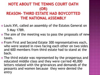  Louis XVI, called an assembly of the Estates General on
    5 May 1789.
 The aim of the meeting was to pass the proposals of new
  taxes.
 From First and Second Estate 300 representatives each,
  who were seated in rows facing each other on two sides
  and 600 members from third estate had to stand at the
  back.
 The third estate was represented by the prosperous and
  educated middle class and they were carried 40,000
  letters related with the grievances and demands of the
  peasants and women because they were denied the
  entry
 
