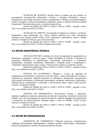 AUXILIAR DE SERVIÇO: Atender todos os clientes seja por telefone ou
pessoalmente, prestando-lhes informações. Coletam e entregam documentos, valores,
mercadorias e encomendas. Realizam serviços de pagamento e cobrança, roteirizam entregas e
coletas. Localizam e conferem destinatários e endereços, emitem e coletam recibos do material
transportado. Preenchem protocolos e conduzem motocicletas.
Horário de trabalho das 8:00 as 12:00h e 14:00 as 18:00h – segunda a sexta-
feira, e nos sábados das 8:00 às 12:00 hs.
AUXILIAR DE LIMPEZA: Encarregada da limpeza de sanitários, escritórios,
equipamentos para manutenção, etc.; utiliza produtos químicos tais como: detergentes
amoníacos para limpeza pesada (Taski Profi), detergentes, desinfetantes, álcool e demais
produtos de limpeza (Jolimpac), que se faz necessário.
Horário de trabalho das 8:00 as 12:00h e 14:00 as 18:00h – segunda a sexta-
feira, e nos sábados das 8:00 às 12:00 hs. (função terceirizada).
4.2 SETOR ASSISTÊNCIA TÉCNICA
AUXILIAR TÉCNICO: Auxiliam no serviço de reparação de equipamentos de
informática e preparam o local do reparo. Testam intensidade de corrente e resistência de
isolamento. Identificam as especificações, selecionando instrumentos e ferramentas,
desmontando, montando, substituindo, lubrificando e limpando peças e componentes e
verificando o funcionamento após o reparo. Fazem serviços externos e conduzem veículos.
Horário de trabalho das 8:00 as 12:00 hs e 14:00 as 18:00 hs – segunda a sexta-
feira, e nos sábados das 8:00 às 12:00 hs.
TÉCNICO EM ELETRÔNICA: Planejam o serviço de reparação de
equipamentos de informática e preparam o local do reparo. Testam intensidade de corrente e
resistência de isolamento. Reparam aparelhos de informática, identificando especificações,
selecionando instrumentos e ferramentas, desmontando, montando, substituindo, lubrificando e
limpando peças e componentes e verificando o funcionamento após o reparo. Fazem serviços
externos e conduzem veículos.
Horário de trabalho das 8:00 as 12:00h e 14:00 as 18:00h – segunda a sexta-
feira, e nos sábados das 8:00 às 12:00 hs.
TÉCNICO EM INFORMÁTICA: Desenvolvem sistemas e aplicações,
projetam, implantam e realizam manutenção de sistemas e aplicações; selecionam recursos de
trabalho, tais como metodologias de desenvolvimento de sistemas, linguagem de programação
e ferramentas de desenvolvimento. Planejam etapas e ações de trabalho. Fazem serviços
externos e conduzem veículos.
Horário de trabalho das 8:00 as 12:00h e 14:00 as 18:00h – segunda a sexta-
feira, e nos sábados das 8:00 às 12:00 hs.
4.3 SETOR DE PROGRAMAÇÃO
ASSISTENTE DE SUPRIMENTO: Elaboram processos computacionais,
validando, documentando, implementando e refinando modelos. Tratam dados e informações,
desenvolvem produtos e sistemas. Prestam consultorias técnicas.
 