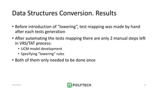Data Structures Conversion. Results
• Before introduction of “lowering”, test mapping was made by hand
after each tests generation
• After automating the tests mapping there are only 2 manual steps left
in VRS/TAT process:
• UCM model development
• Specifying “lowering” rules
• Both of them only needed to be done once
03.03.2017 12
 